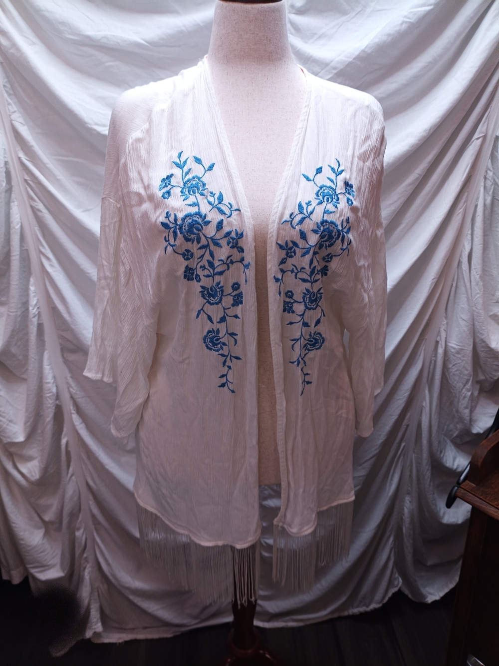 Boho White Open-Front Kimono Blouse with Blue Floral Embroidery